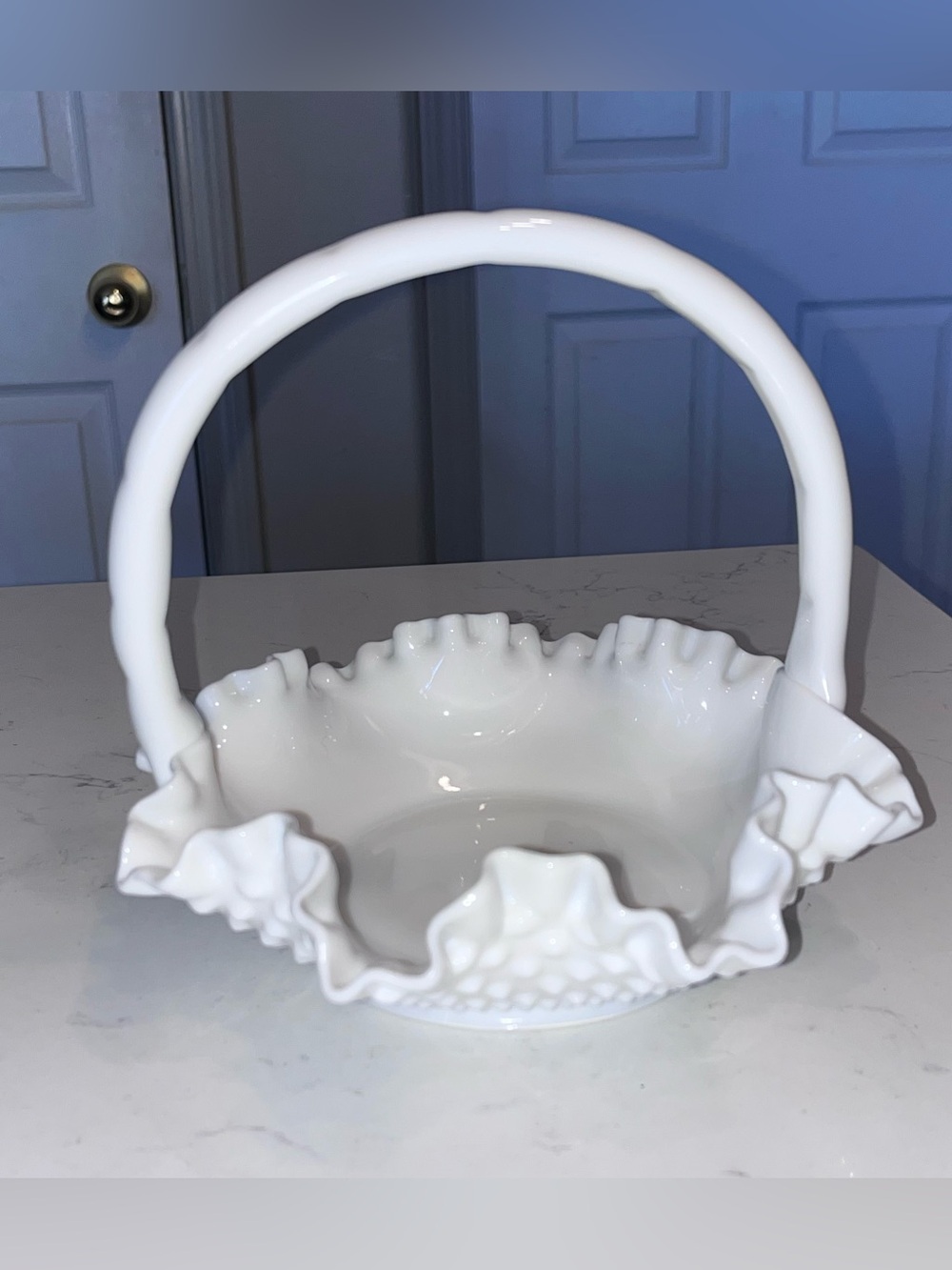 Fenton white hobnail milk glass basket ruffled rim and applied handle 7” inches